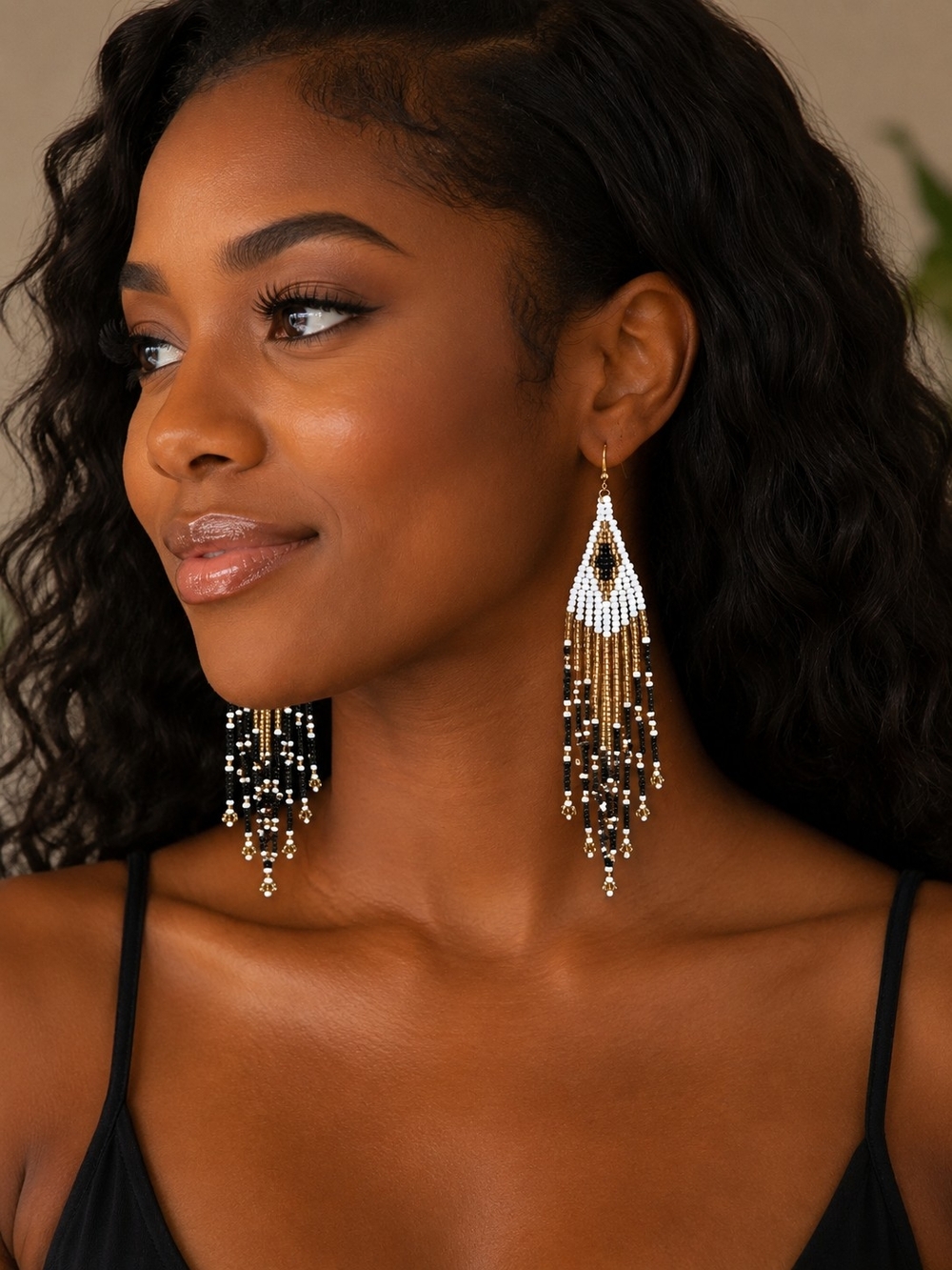 Fringe Beaded Drop Earrings - White, Black & Gold Indigenous Boho Western New